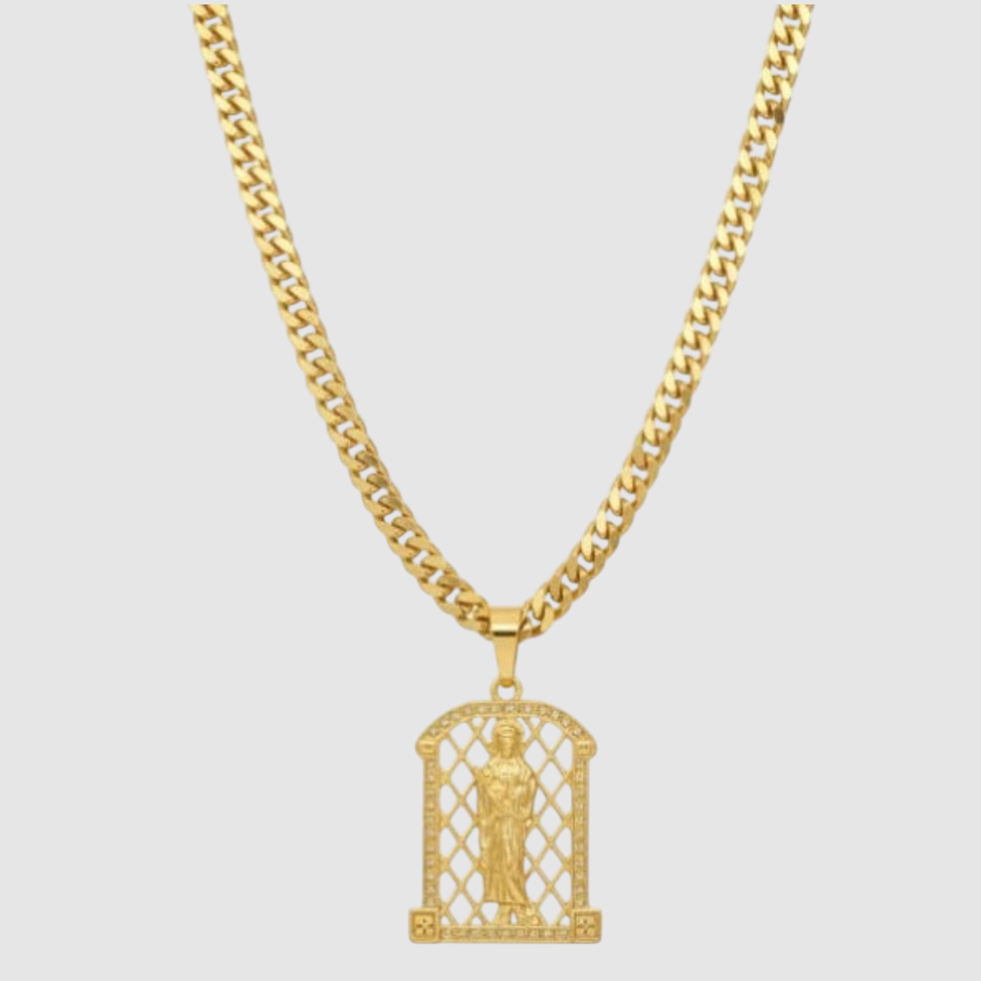 Cadena Cubana con Dije Religioso en Oro Laminado 14K