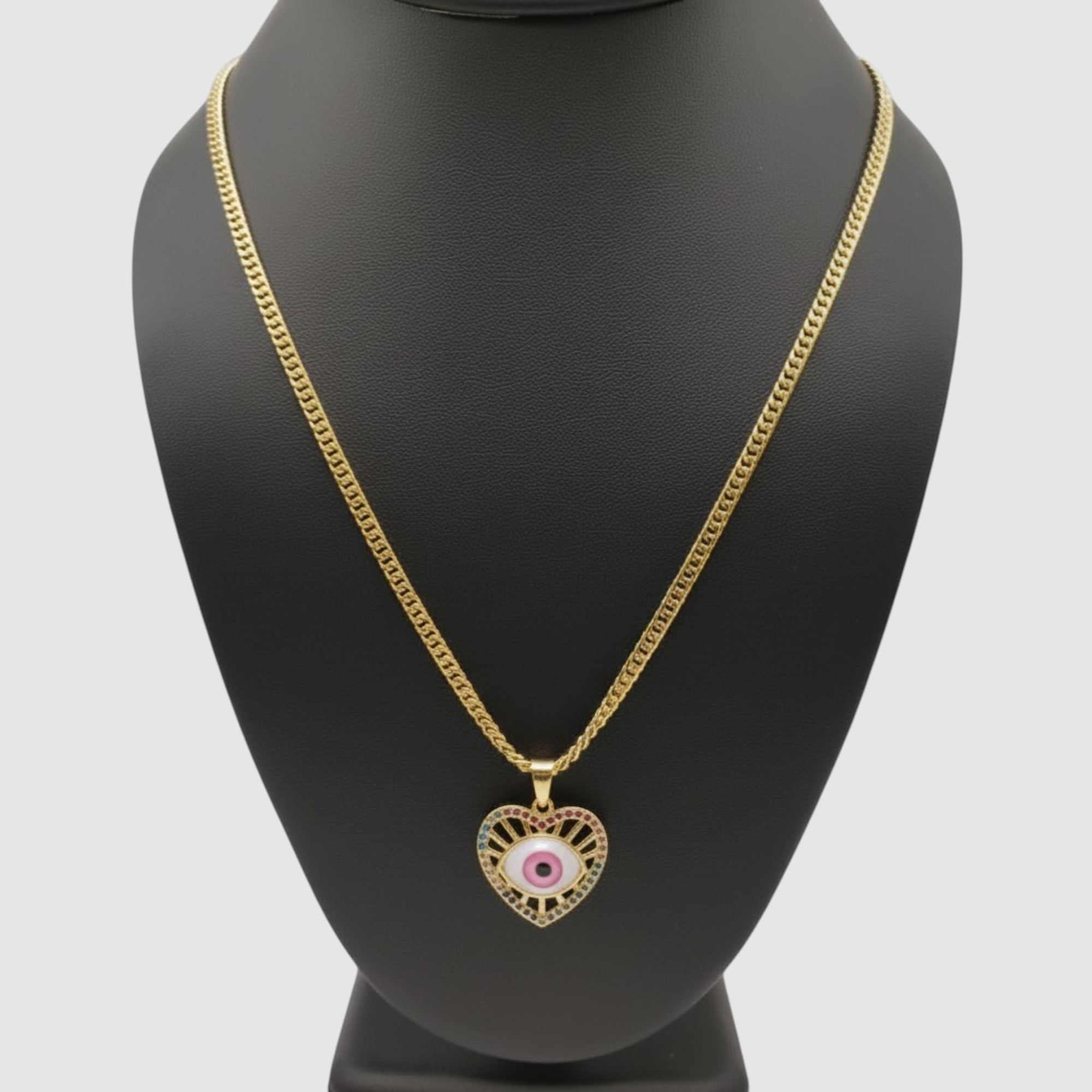 Cadena en oro laminado 14K con dije de corazón protector (ojo turco)