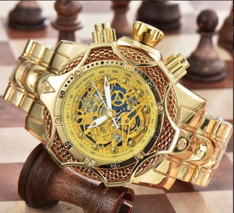 Reloj Deportivo de Cuarzo para Hombre INVIC – Acabado Dorado Premium con Esfera Grande Esqueleto