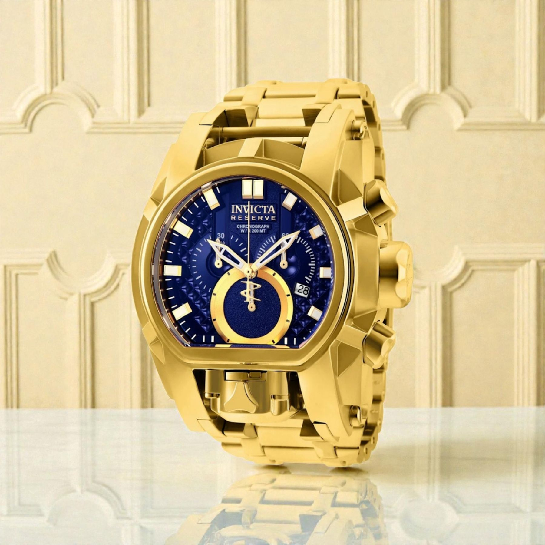 Invict Magnum Gold-Edition ChronoCompass – Reloj Dorado para Hombre con Cronógrafo y Compás